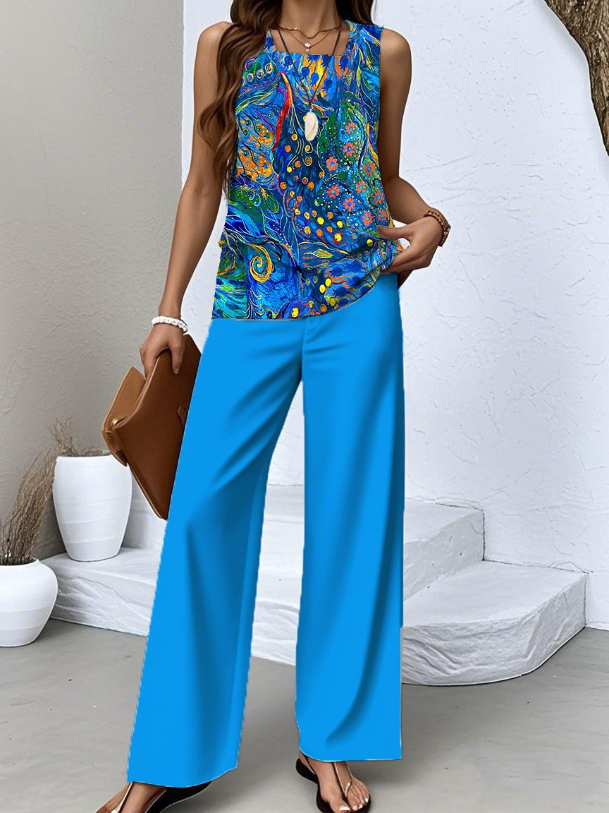 Damen Psychedelisch Kunst Zweiteiliges Set Täglich Ärmellos Lässig Sommer Bluse mit Hose Matching Set