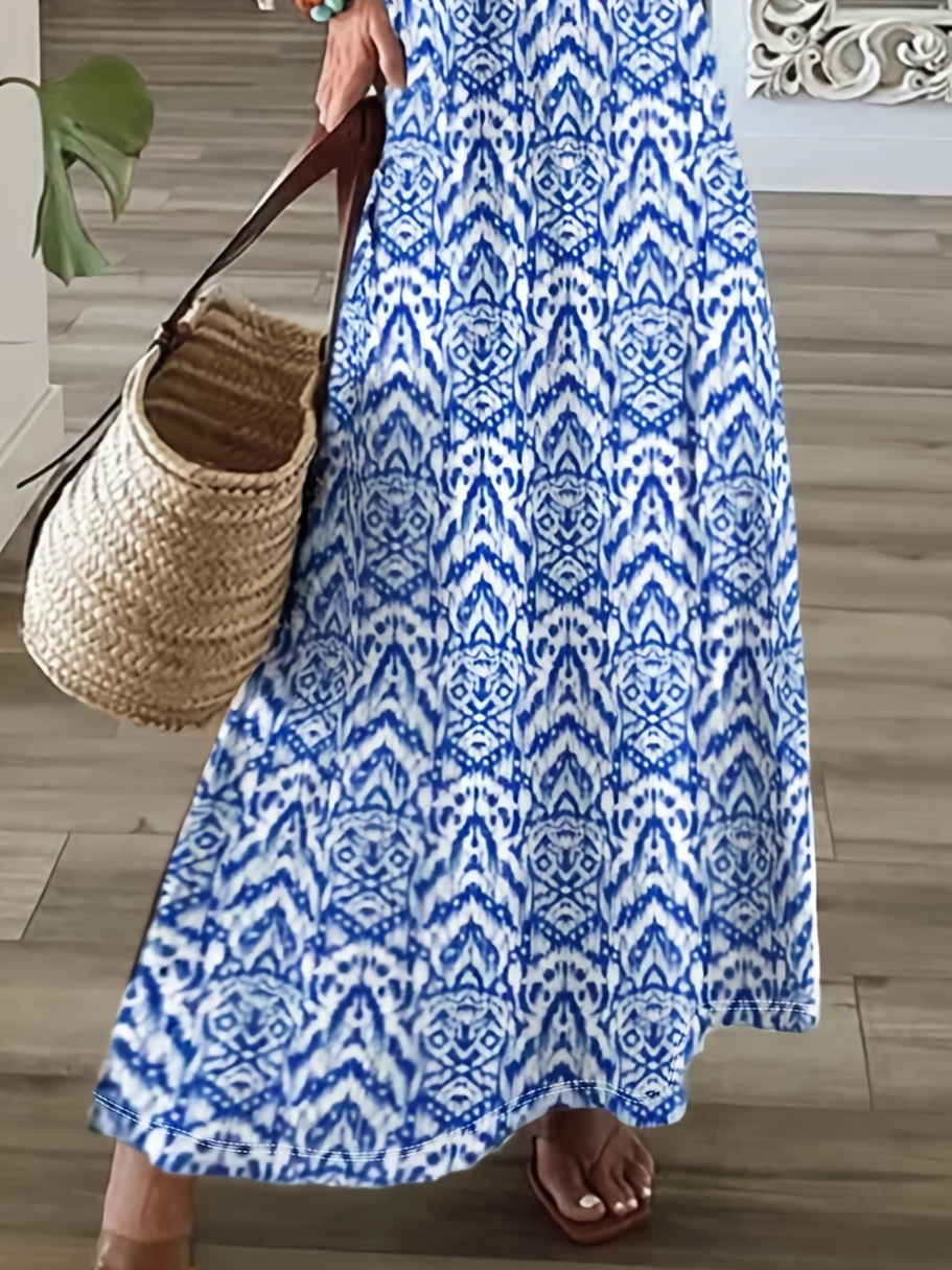 Damen Geometrisch Kurzarm Sommer Print Kleid V-Ausschnitt Täglich Lässig Maxikleid T-Shirt-Kleid X-Linie Kleid