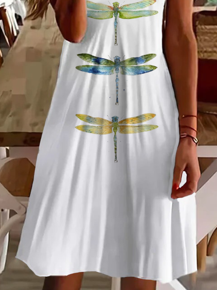 Damen Libelle Kurzarm Sommer Print Kleid V-Ausschnitt Täglich Lässig Midi Passen & Flare Kleid A-Linien-Kleid