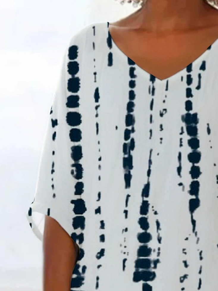 Damen Gestreift Kurzarm Bluse Sommer Print V-Ausschnitt Täglich Lässig Oberteile