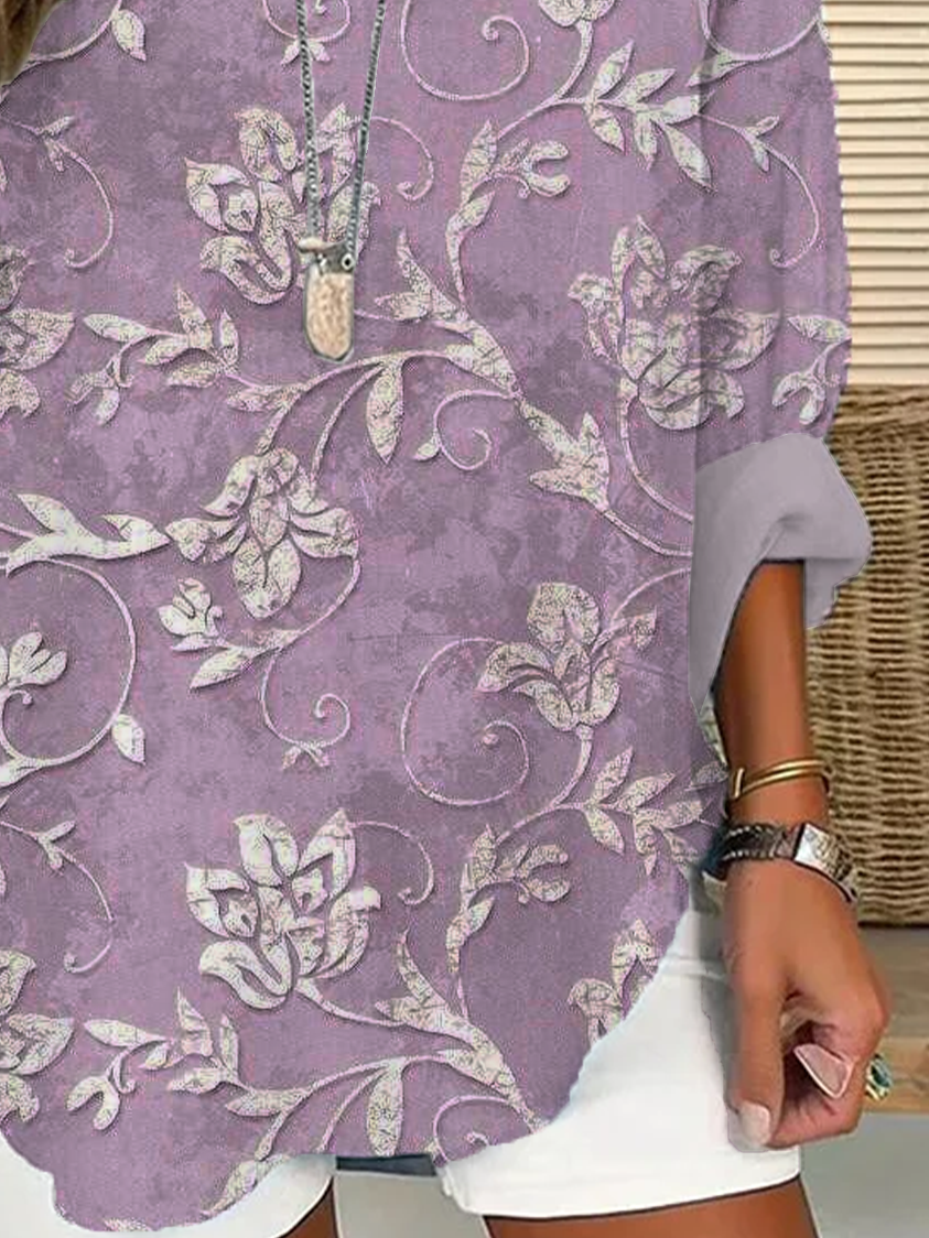Damen Geblümt Langarm Bluse Frühling/Herbst Print V-Ausschnitt Täglich Lässig Oberteile