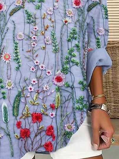 Damen Geblümt Langarm Bluse Frühling/Herbst Print V-Ausschnitt Täglich Lässig Oberteile