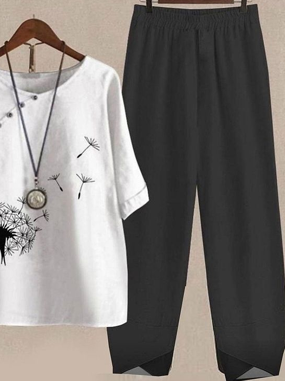 Damen Geblümt Print Zweiteiliges Set Täglich Halbarm Lässig Sommer Bluse mit Hose Matching Set