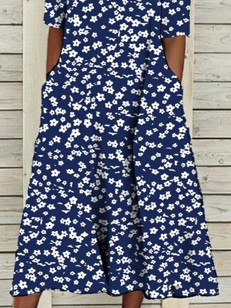 Damen Geblümt Kurzarm Sommer Print Kleid Rundhals Täglich Lässig Maxikleid Etuikleid H-Linie Kleid
