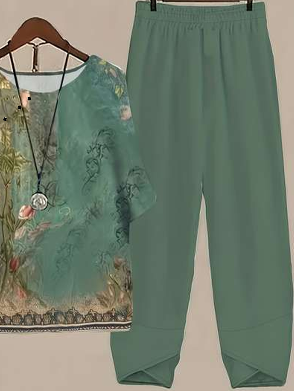 Damen Geblümt Print Zweiteiliges Set Täglich Halbarm Lässig Sommer Bluse mit Hose Matching Set