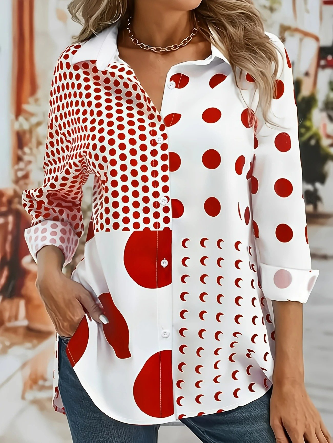 Damen Polka Dots Langarm Bluse Frühling/Herbst Hemdkragen Täglich Lässig Oberteile