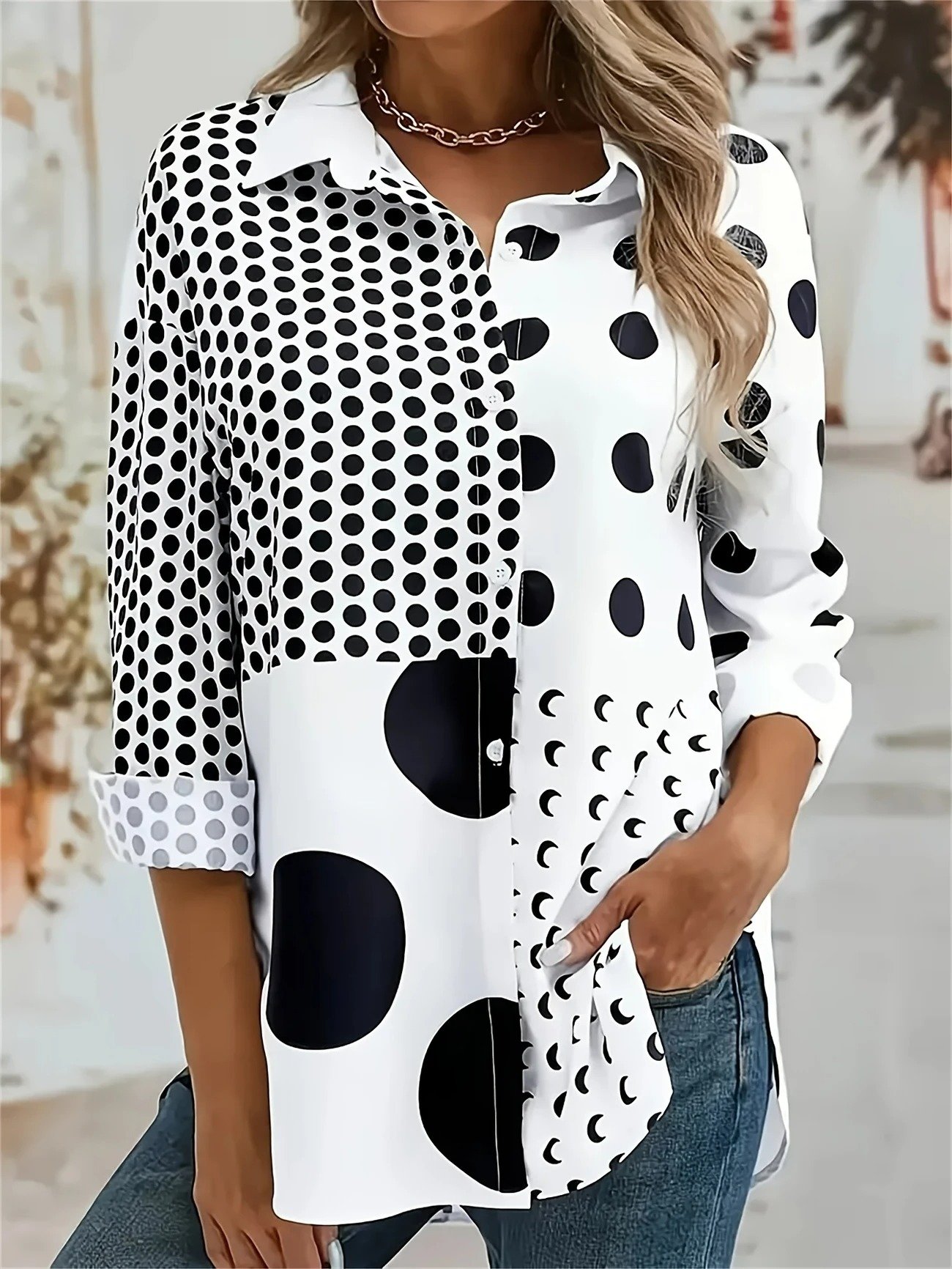 Damen Polka Dots Langarm Bluse Frühling/Herbst Hemdkragen Täglich Lässig Oberteile