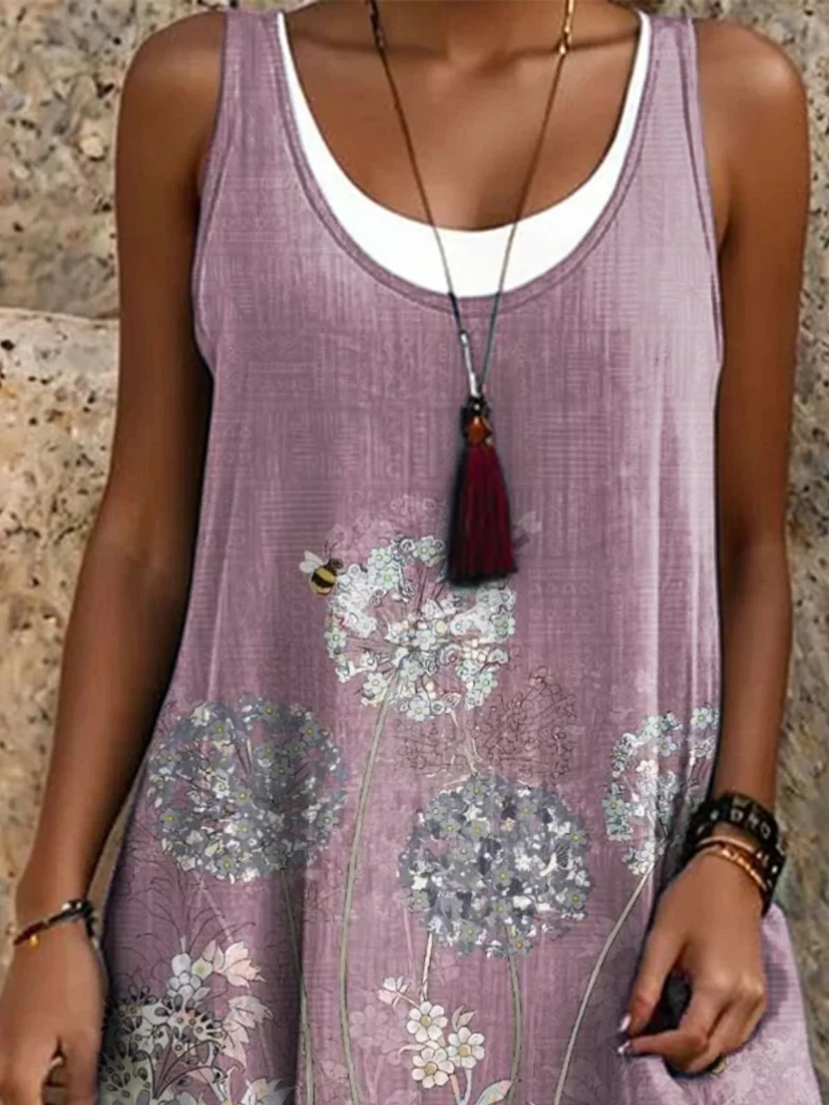 Damen Geblümt Ärmellos Sommer Kleid Rundhals Täglich Lässig Midi A-Linien-Kleid