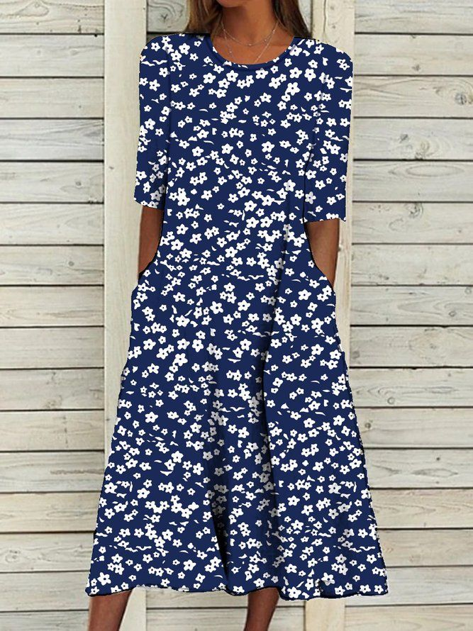 Damen Geblümt Kurzarm Sommer Print Kleid Rundhals Täglich Lässig Maxikleid Etuikleid H-Linie Kleid