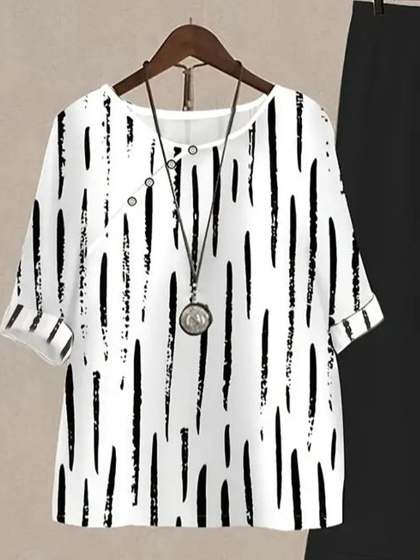 Damen Gestreift Print Zweiteiliges Set Täglich Halbarm Lässig Sommer Bluse mit Hose Matching Set