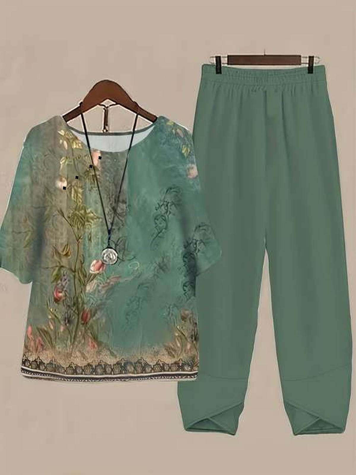 Damen Geblümt Print Zweiteiliges Set Täglich Halbarm Lässig Sommer Bluse mit Hose Matching Set