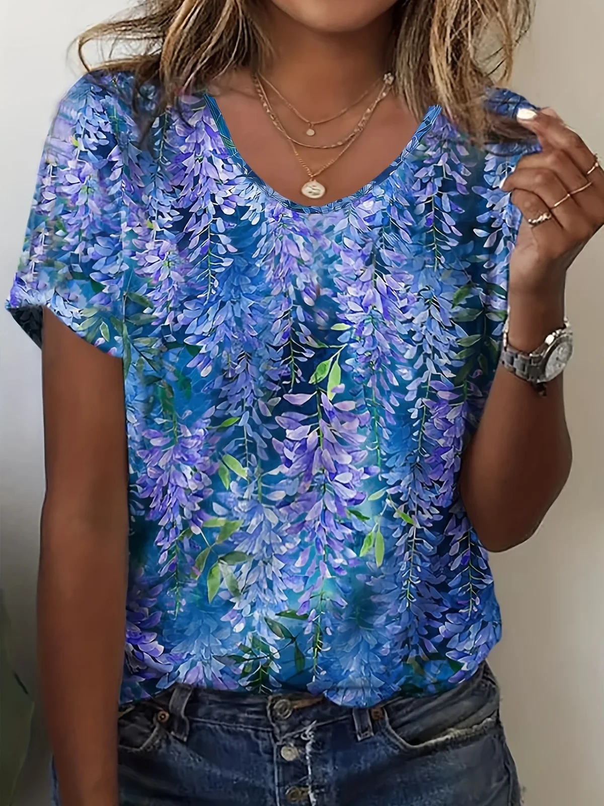 Damen Geblümt Kurzarm T-Shirts T-Shirt Rundhals Lässig Sommer Oberteile