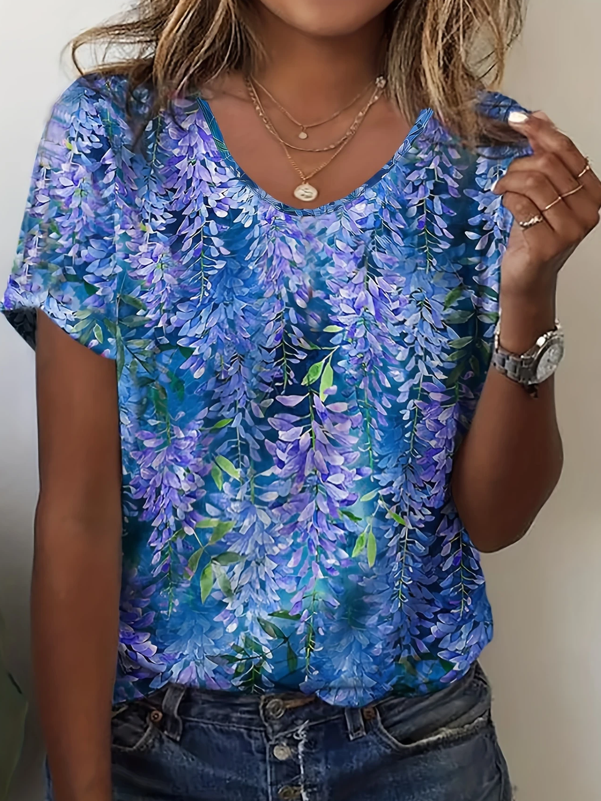 Damen Geblümt Kurzarm T-Shirts T-Shirt Rundhals Lässig Sommer Oberteile