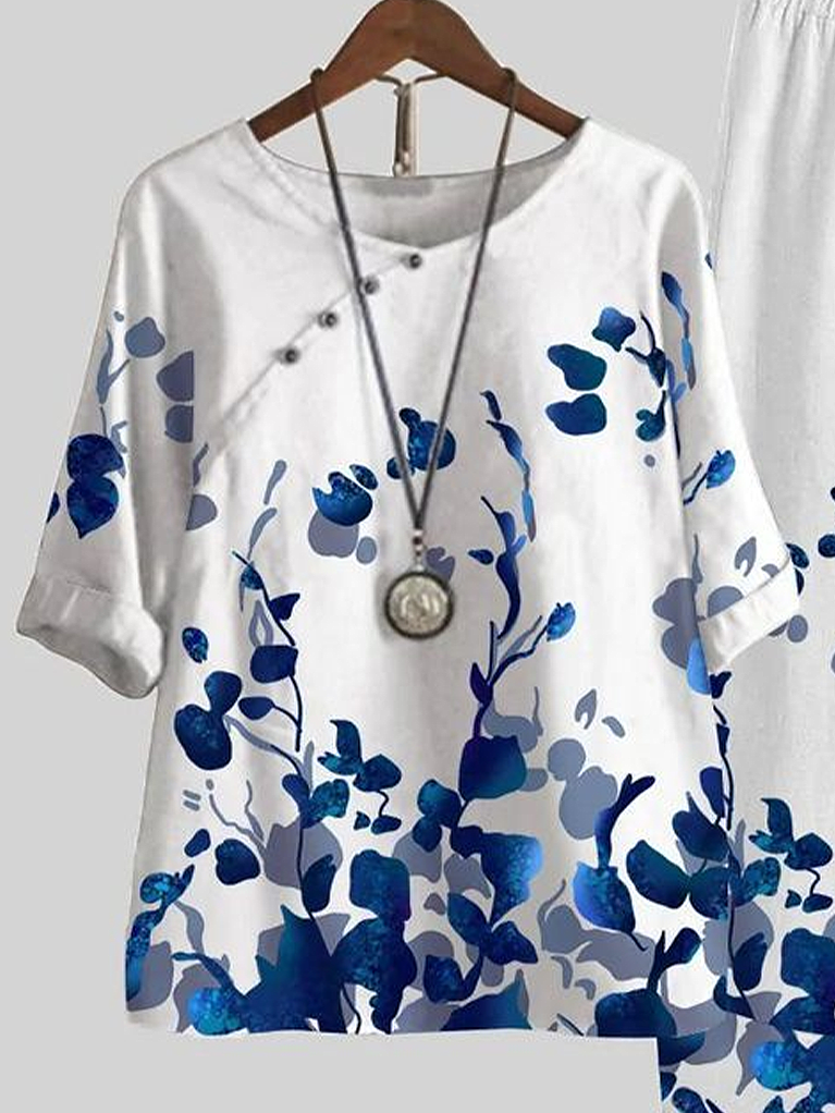 Damen Geblümt Print Zweiteiliges Set Täglich Halbarm Lässig Sommer Bluse mit Hose Matching Set