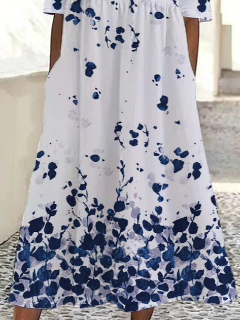Damen Geblümt Kurzarm Sommer Print Kleid Rundhals Täglich Lässig Maxikleid Etuikleid H-Linie Kleid