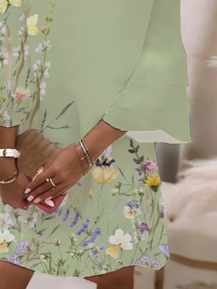 Damen Geblümt Halbarm Sommer Print Kleid V-Ausschnitt Täglich Lässig Midi Klassisch H-Linie Kleid