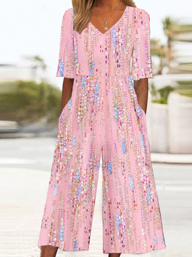 Damen Verlaufsmuster V-Ausschnitt Halbarm Retro Sommer Jumpsuit