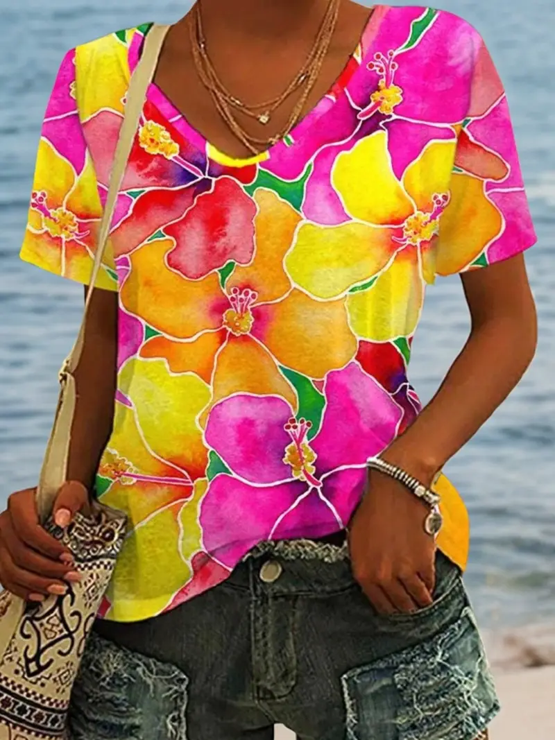 Damen Geblümt Kurzarm T-Shirts T-Shirt V-Ausschnitt Lässig Sommer Oberteile