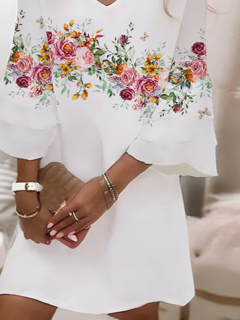 Damen Geblümt Halbarm Sommer Print Kleid V-Ausschnitt Täglich Lässig Midi Klassisch H-Linie Kleid