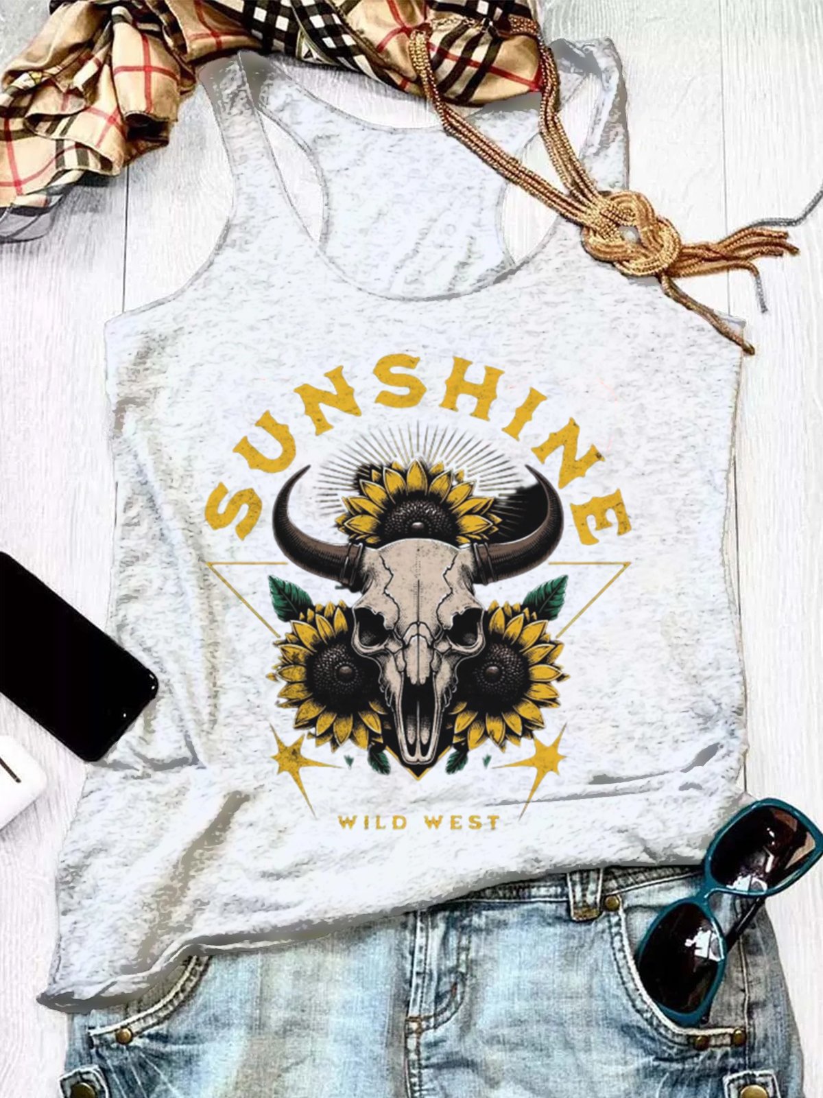 Damen Ärmellos Tanktop Oberteile Leibchen Sommer Wilder Westen U-Ausschnitt Urlaub Lässig Oberteile