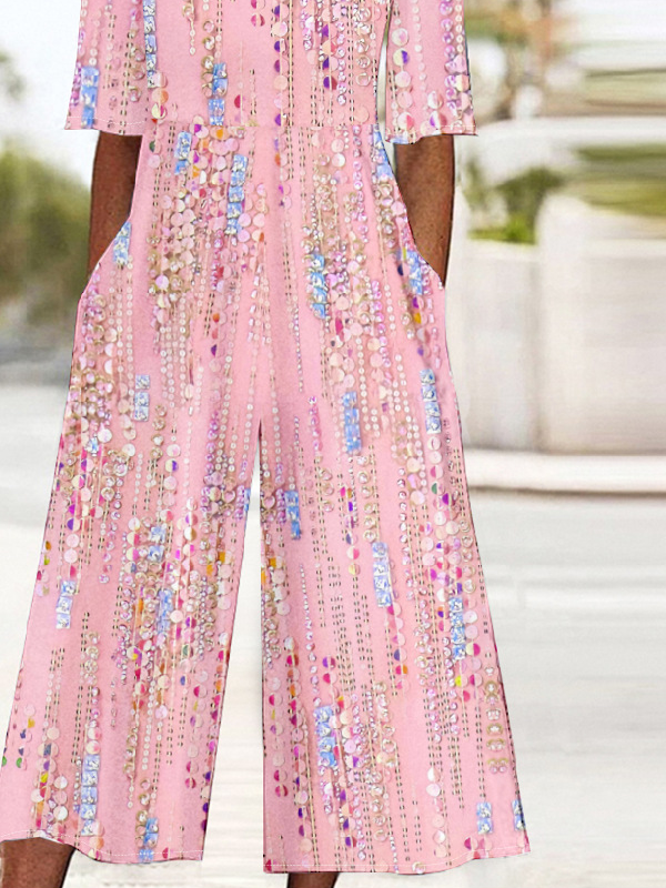 Damen Verlaufsmuster V-Ausschnitt Halbarm Retro Sommer Jumpsuit