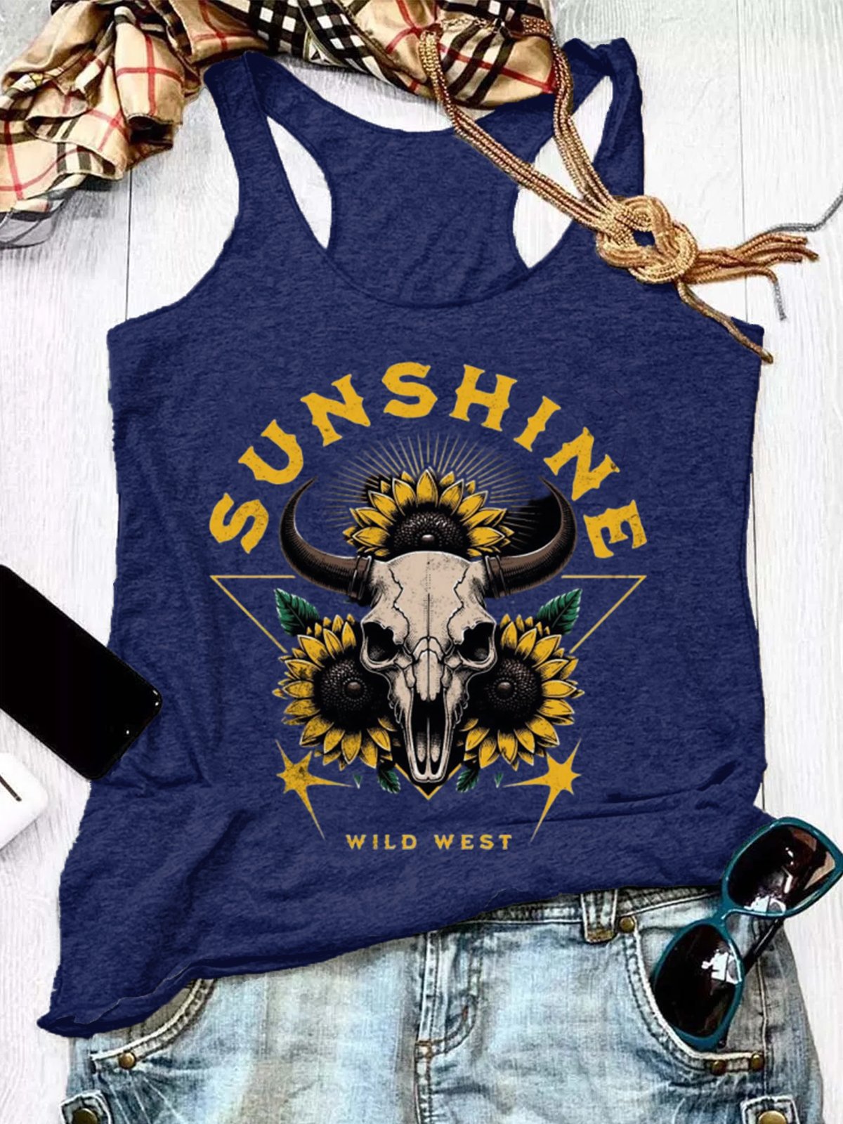 Damen Ärmellos Tanktop Oberteile Leibchen Sommer Wilder Westen U-Ausschnitt Urlaub Lässig Oberteile