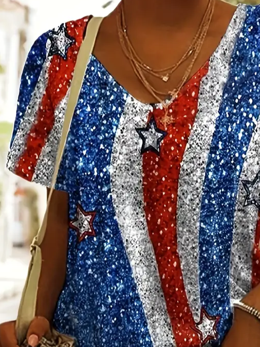 Damen Tag der Unabhängigkeit (Flagge) Kurzarm T-Shirts T-Shirt V-Ausschnitt Print Lässig Sommer T-Shirt mit Grafik Oberteile