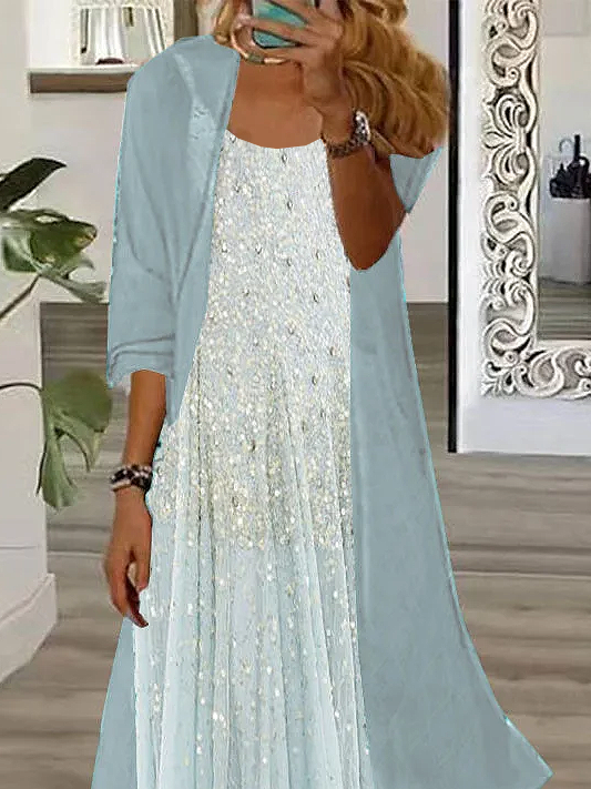 Damen Polka Dots Print Zweiteiliges Set Täglich Dreiviertelärmel Lässig Frühling/Herbst Kleid mit Mantel Matching Set