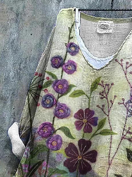 Damen Geblümt Langarm Bluse Frühling/Herbst Print V-Ausschnitt Täglich Lässig Oberteile