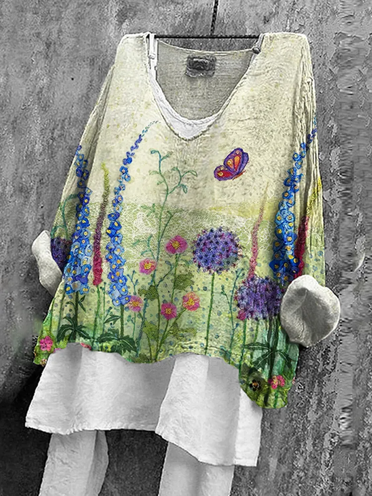 Damen Geblümt Langarm Bluse Frühling/Herbst Print V-Ausschnitt Täglich Lässig Oberteile