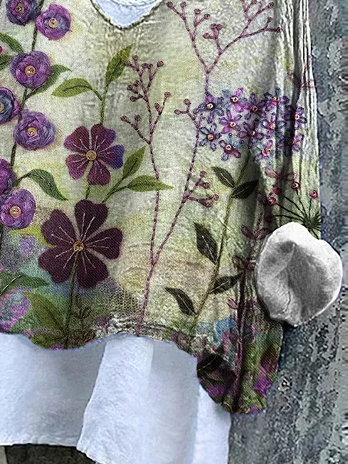 Damen Geblümt Langarm Bluse Frühling/Herbst Print V-Ausschnitt Täglich Lässig Oberteile