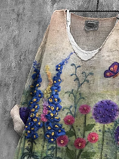 Damen Geblümt Langarm Bluse Frühling/Herbst Print V-Ausschnitt Täglich Lässig Oberteile
