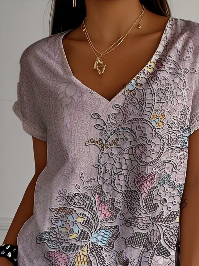 Damen Paisley Kurzarm T-Shirts T-Shirt V-Ausschnitt Lässig Sommer Oberteile