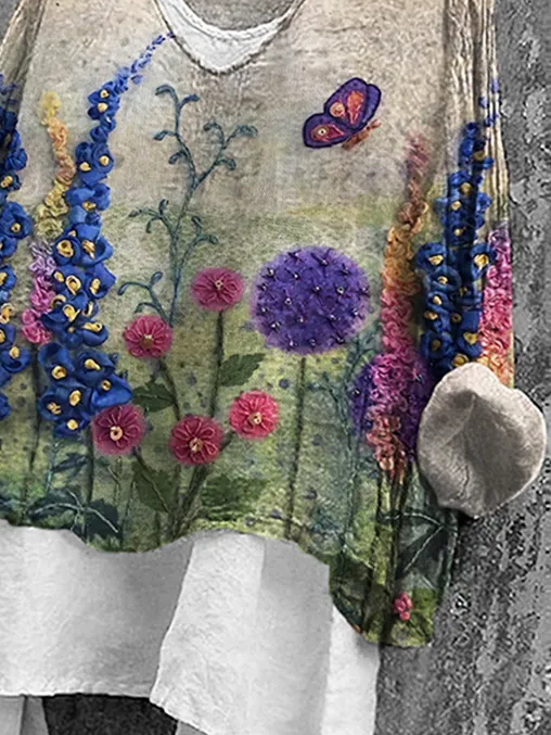 Damen Geblümt Langarm Bluse Frühling/Herbst Print V-Ausschnitt Täglich Lässig Oberteile