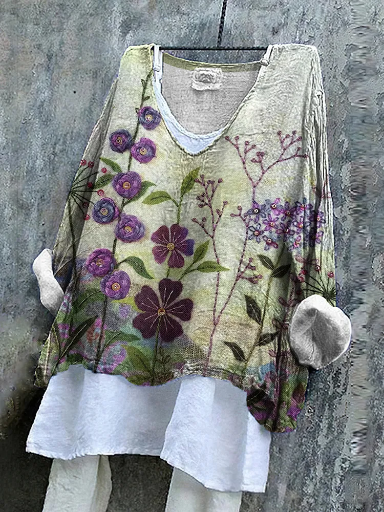 Damen Geblümt Langarm Bluse Frühling/Herbst Print V-Ausschnitt Täglich Lässig Oberteile