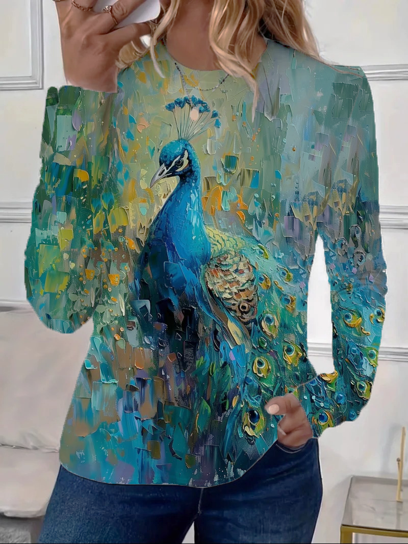 Damen Pfauenblau Langarm T-Shirts T-Shirt Rundhals Print Lässig Frühling/Herbst T-Shirt mit Grafik Oberteile