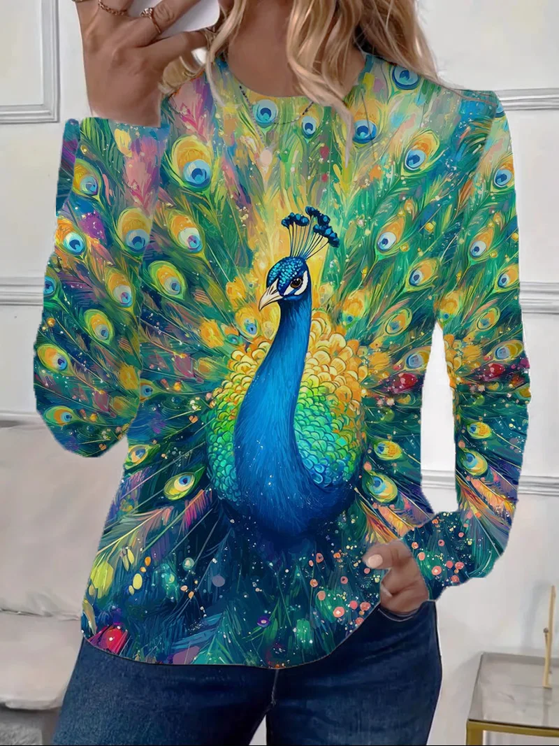 Damen Pfauenblau Langarm T-Shirts T-Shirt Rundhals Print Lässig Frühling/Herbst T-Shirt mit Grafik Oberteile