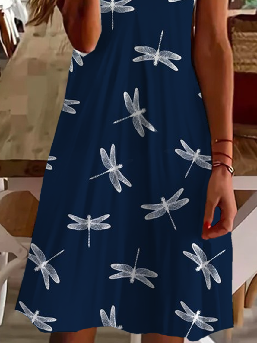 Damen Libelle Kurzarm Sommer Print Kleid V-Ausschnitt Täglich Lässig Midi Passen & Flare Kleid A-Linien-Kleid