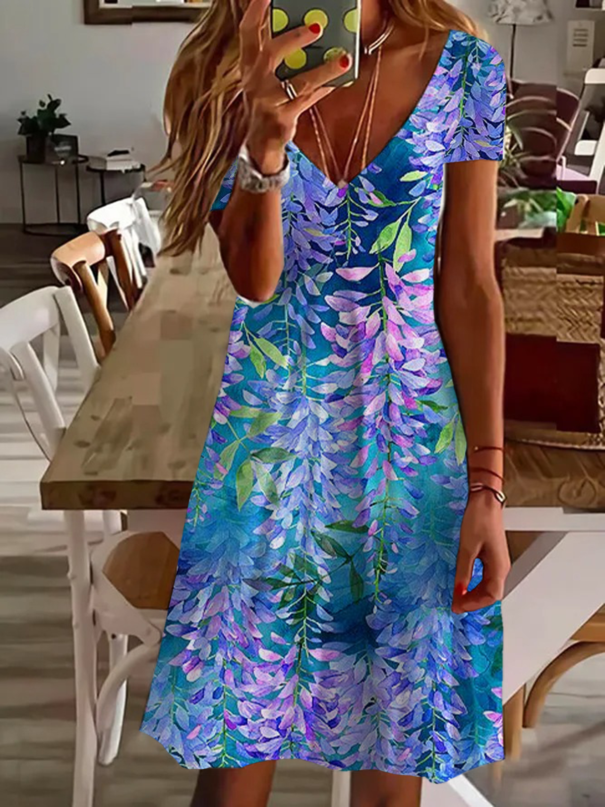 Damen Geblümt Kurzarm Sommer Kleid V-Ausschnitt Täglich Lässig Midi Passen & Flare Kleid A-Linien-Kleid