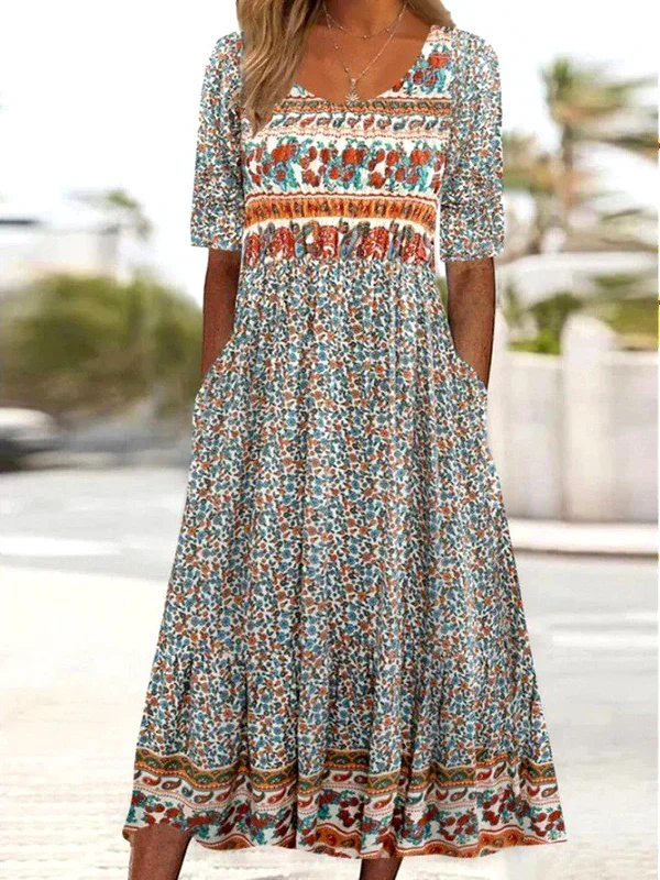 Damen Geblümt Kurzarm Sommer Kleid Rundhals Täglich Lässig Maxikleid A-Linien-Kleid