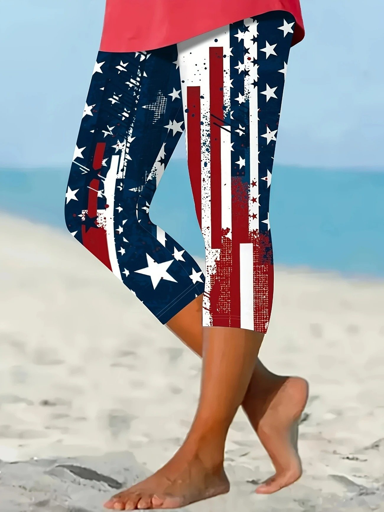 Damen Amerika-Flagge Elastische Taille Retro Sommer Caprihosen Leggings
