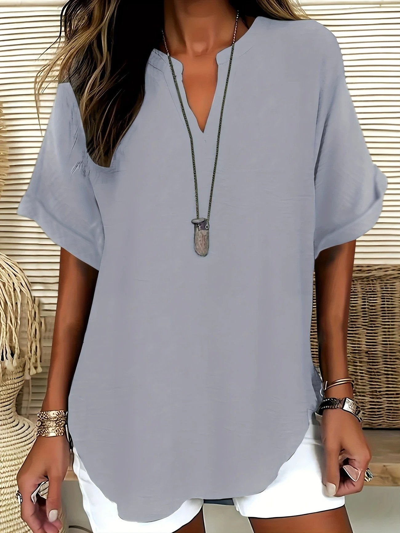 Damen Unifarben Halbarm Bluse Sommer Schalkragen Täglich Lässig Oberteile