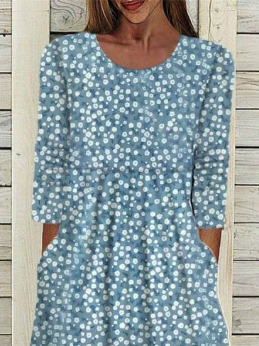 Damen Geblümt Halbarm Sommer Print Kleid Rundhals Täglich Lässig Maxikleid A-Linien-Kleid