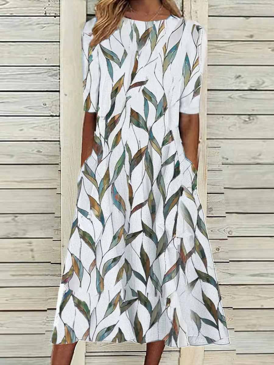 Damen Geblümt Halbarm Sommer Print Kleid Rundhals Täglich Lässig Maxikleid A-Linien-Kleid