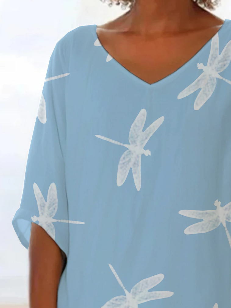 Damen Libelle Kurzarm Bluse Sommer Print V-Ausschnitt Täglich Lässig Oberteile