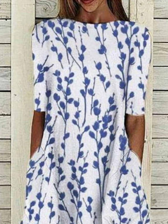 Damen Geblümt Halbarm Sommer Print Kleid Rundhals Täglich Lässig Maxikleid A-Linien-Kleid