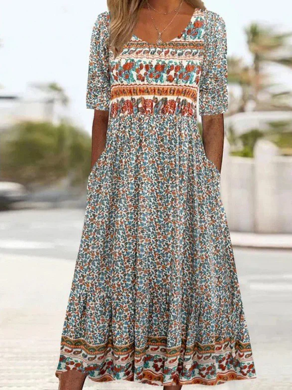 Damen Geblümt Kurzarm Sommer Kleid Rundhals Täglich Lässig Maxikleid A-Linien-Kleid