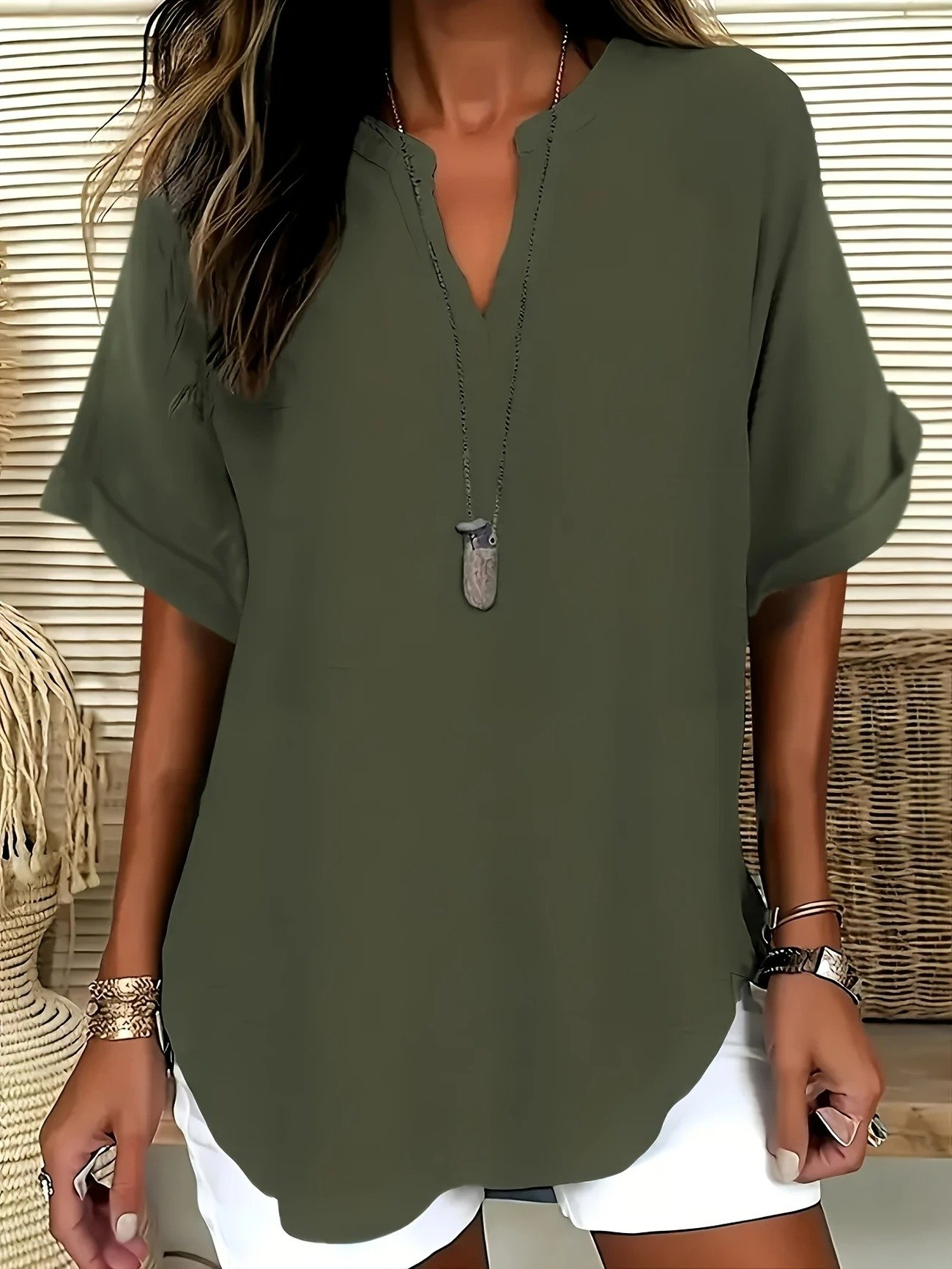 Damen Unifarben Halbarm Bluse Sommer Schalkragen Täglich Lässig Oberteile