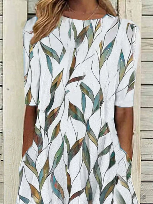 Damen Geblümt Halbarm Sommer Print Kleid Rundhals Täglich Lässig Maxikleid A-Linien-Kleid