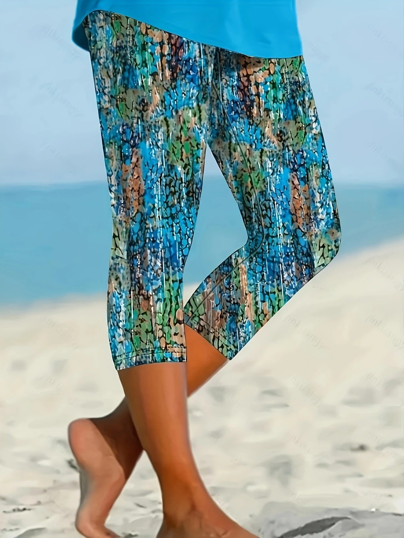 Damen Abstrakt Elastische Taille Retro Sommer Caprihosen Leggings